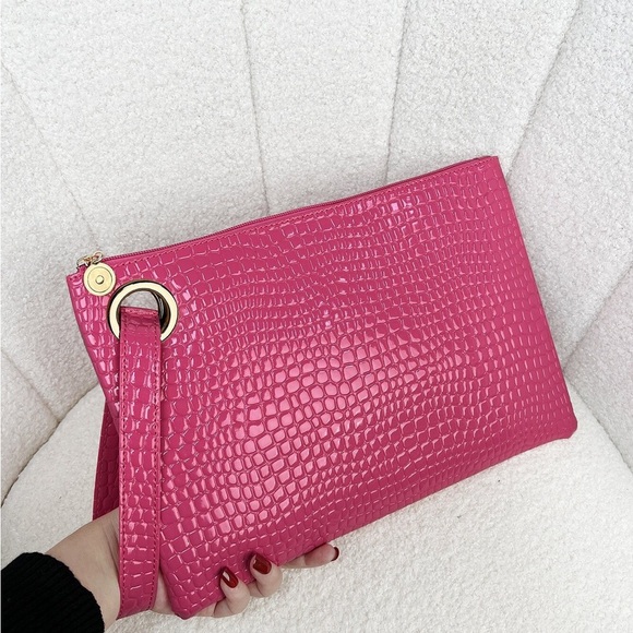 None Handbags - Pink Crocodile-Embossed Clutch Bag